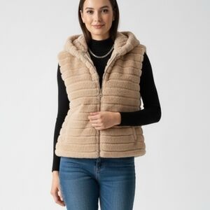 Fashion Magazine Exclusive Faux Fur Hooded Vest - Beige - Size Large